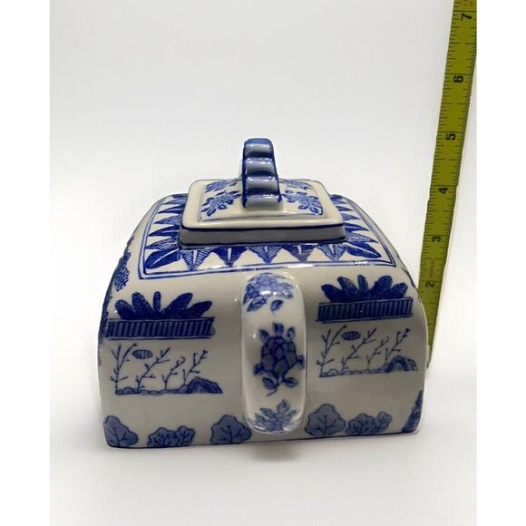 Andrea Sadek Blue White Teapot Vintage Porcelain Square Tea Pot Home Decor Gift - Picture 2 of 10